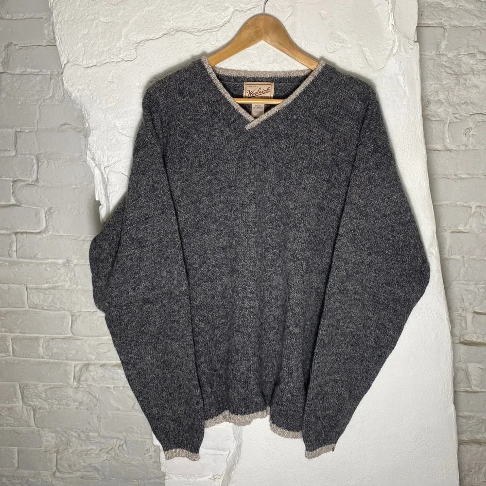 Woolrich Mens XL V-Neck Wool Blend Sweater Charcoal Mix‎ Knit Pullover
